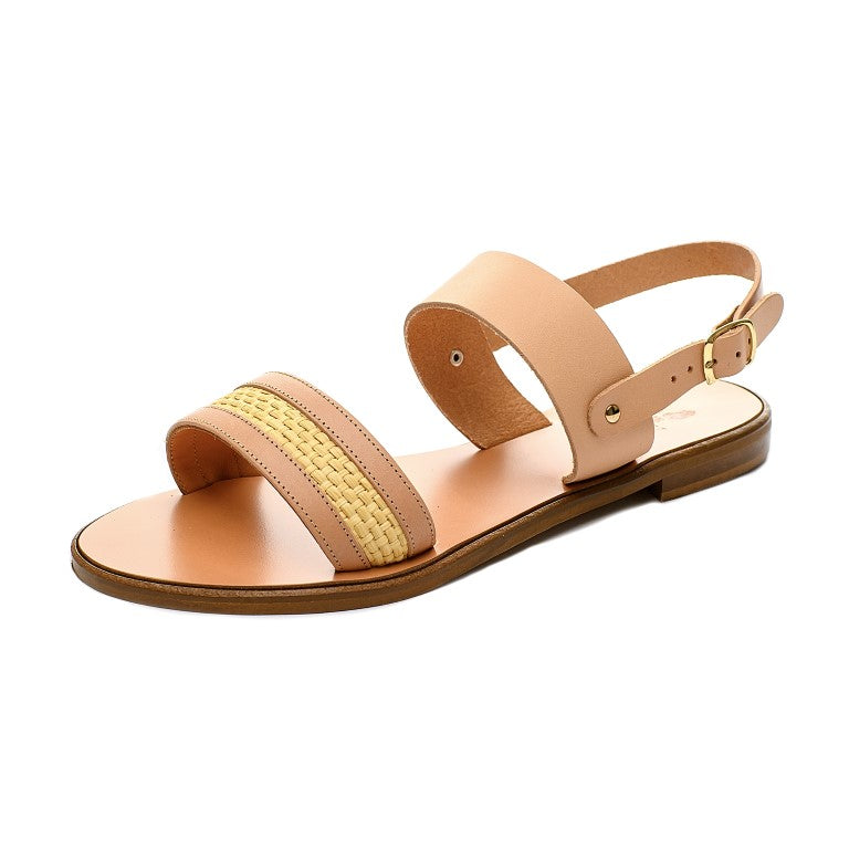 TheHolySandals Γυναικεία σανδάλια από δέρμα σε φυσικό χρώμα και ψάθα. Με διπλή φάσα και λεπτό λουράκι που κουμπώνει στον αστράγαλο.
