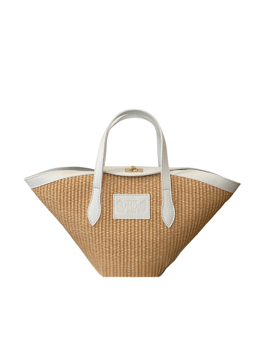 Small shopper in natural straw and white leather, an  asymmetrical flap and a shoulder strap, Hestia mini - The Holy Bag
Τσάντα από ψάθα και λευκό δέρμα, που κλείνει επάνω με καπάκι, με λαβές και λουράκι ώμου. The Holy Bag