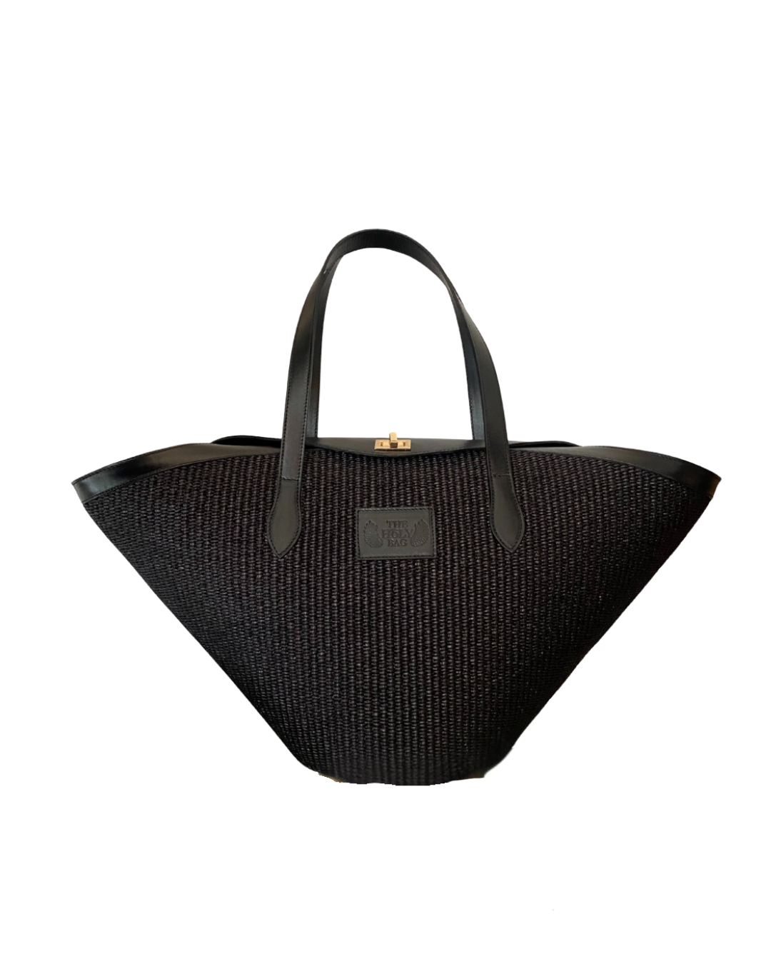 Small shopper in black straw and black leather, an asymmetrical flap and a shoulder strap, Hestia mini - The Holy Bag
Τσάντα από μαύρη ψάθα και μαύρο δέρμα, που κλείνει επάνω με καπάκι, με λαβές και λουράκι ώμου. The Holy Bag