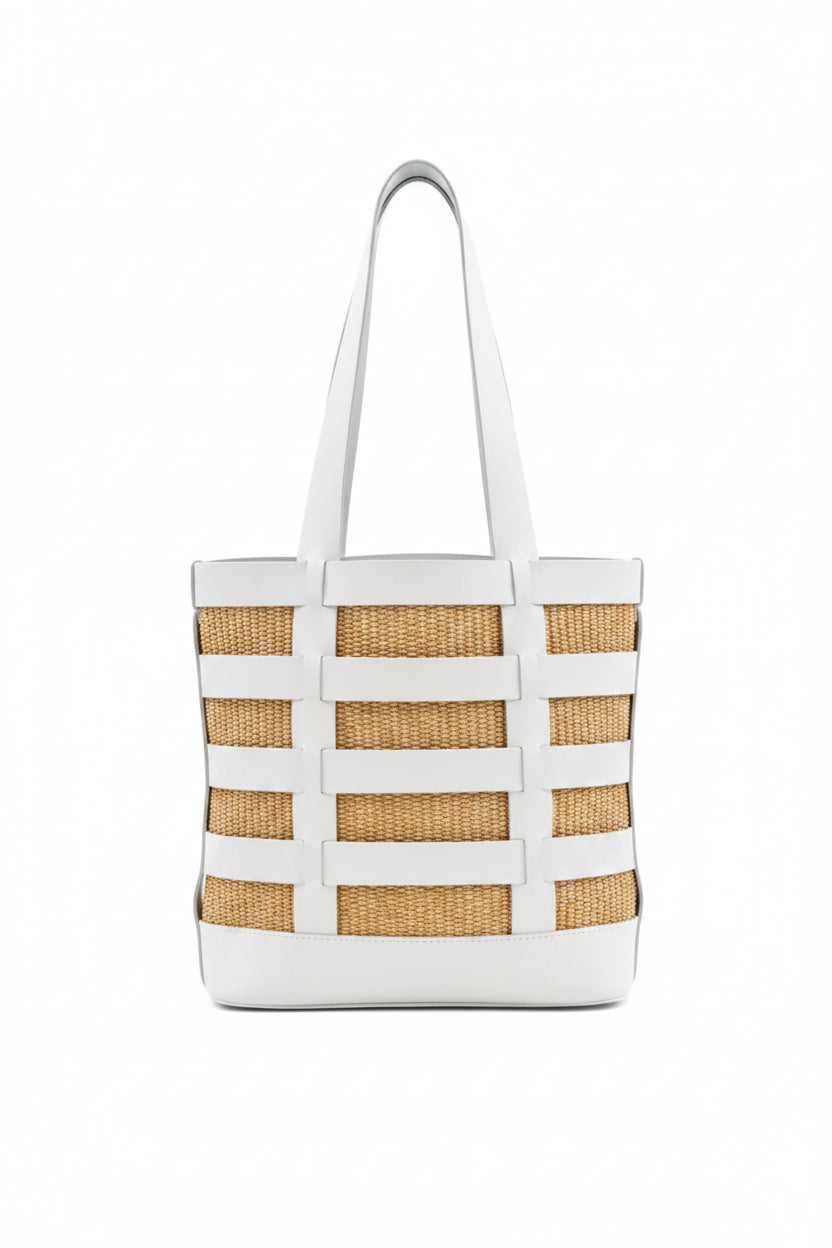 Nissos shopper bag in white leather and natural color straw. TheHolyBag