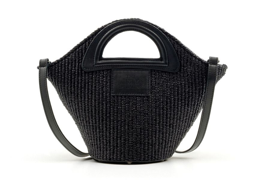 mini shopper in black straw and black leather with handle and shoulder strap