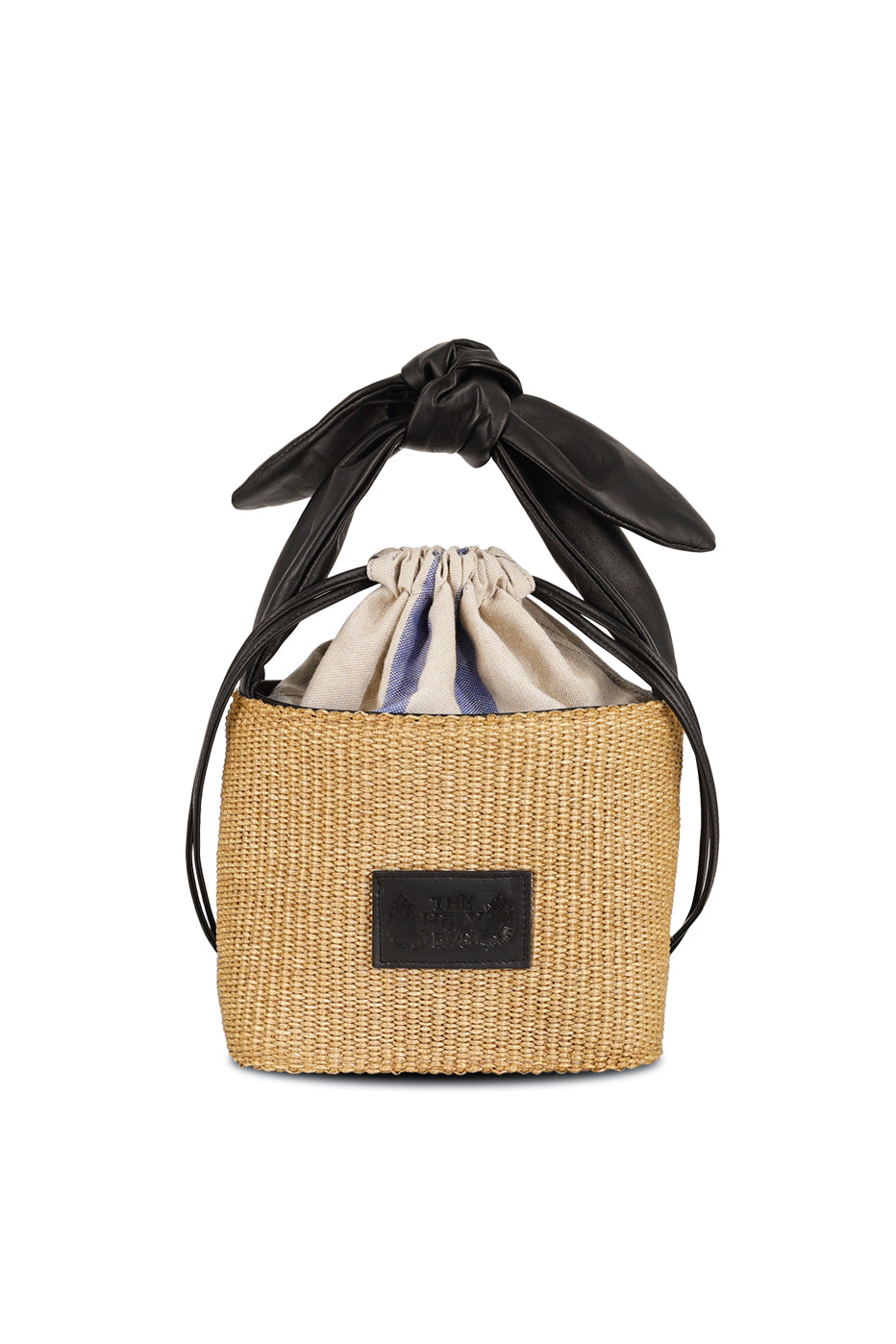 Woven basket with a black drawstring lid on a white background