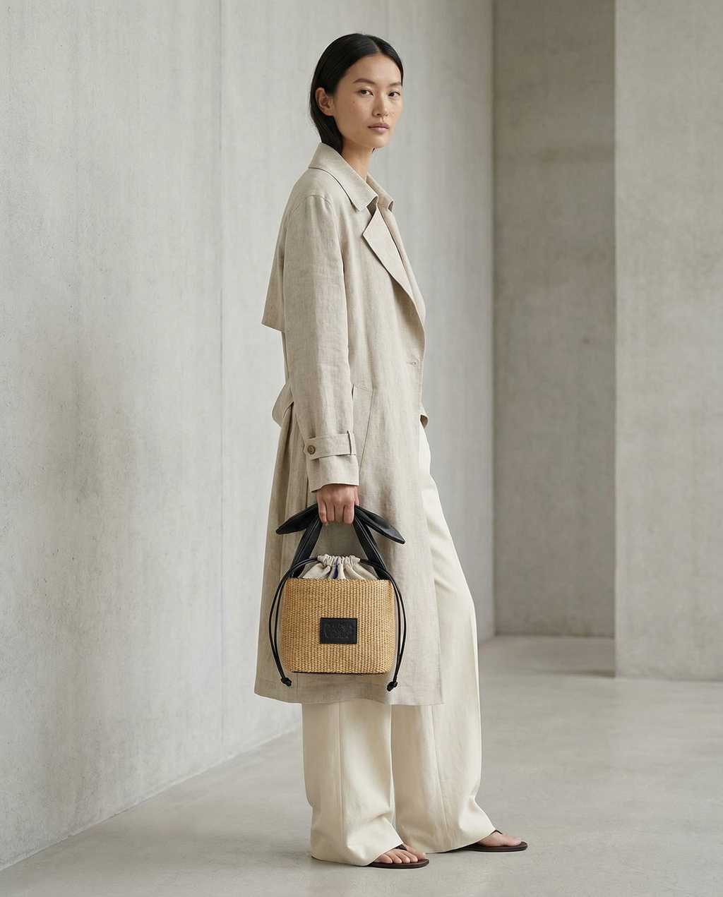 Woman holding a woven handbag wearing a long beige coat in a minimalistic setting