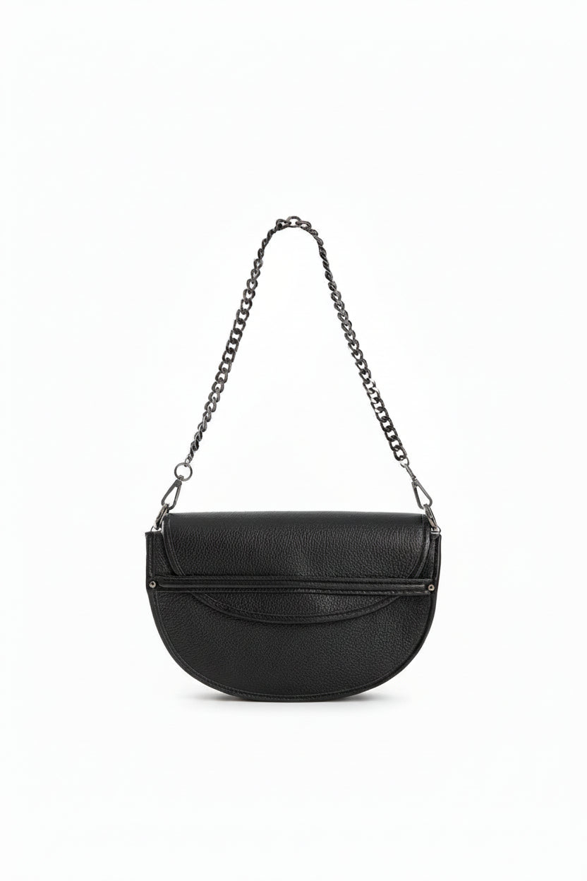 Black leather shoulder bag with black nickel shoulder chain, Jean The-Holy-Bag