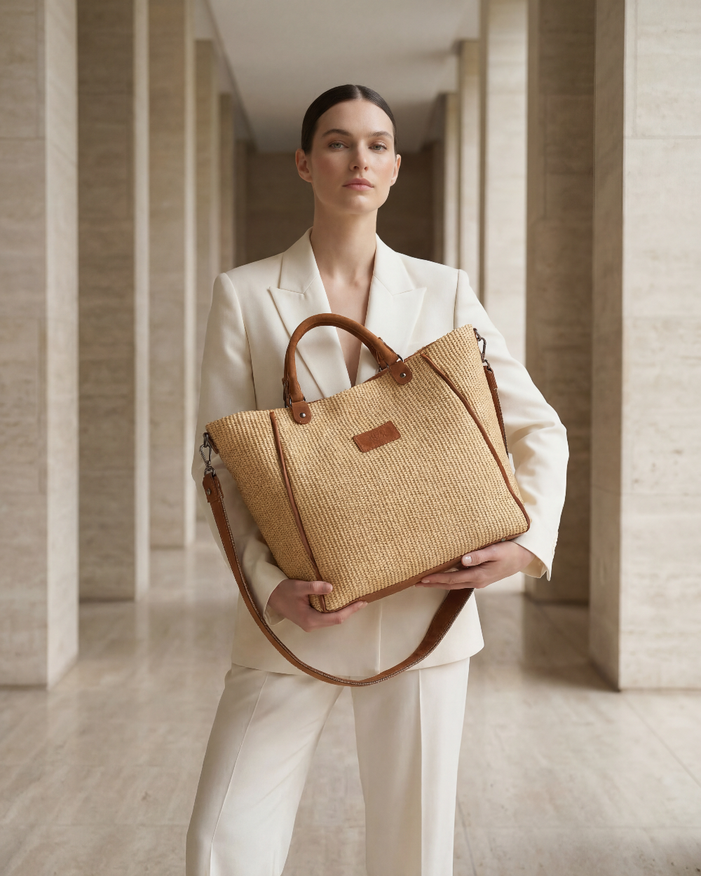 Tote bag in straw with brown suede details, a shoulder strap and inner pockets. Closes with zipper.
The Holy Bag
Τσάντα tote που κλείνει με φερμουάρ, από ψάθα και σουέντ λεπτομέρειες. Με εσωτερικές τσέπες και λουράκι ώμου από ιμάντα με σουέντ . The Holy Bag