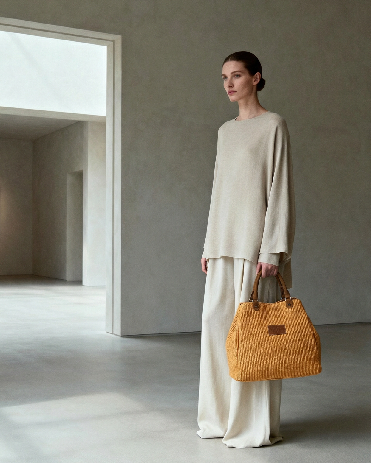 Woman holding a tan handbag in a minimalistic room with concrete floor and gray walls.
