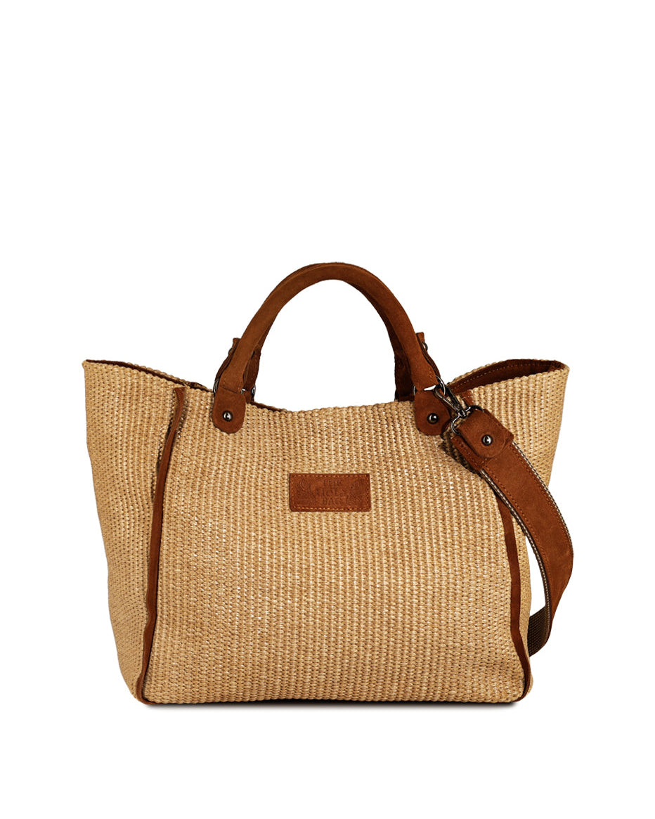 Handbag in straw, with brown suede leather accents. Top handles, shoulder strap, inner pockets, zipper closure - The Holy Bag 
Γυναικεία τσάντα tote από ψάθα και σουέντ λεπτομέρειες. Με εσωτερικές τσέπες, κλείσιμο επάνω με φερμουάρ και λουράκι ώμου. The Holy Bag