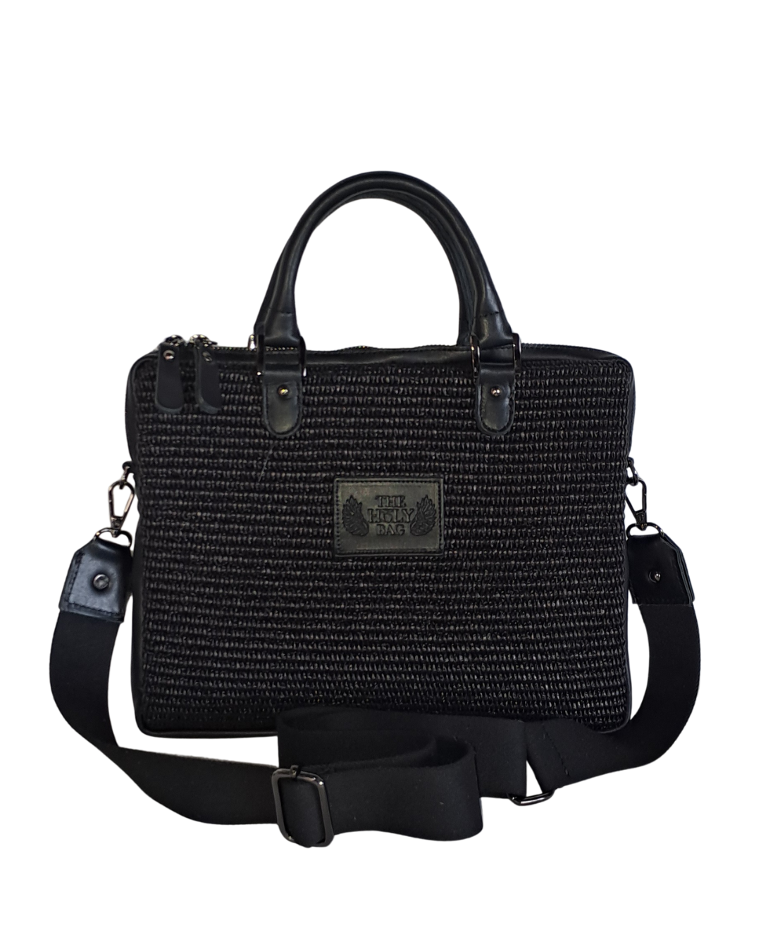 Square case with two top handles in straw and black leather, with outer pocket on the back and a shoulder strap- The Holy Bag
Θήκη για τάμπλετ από ψάθα και μαύρο δέρμα με λαβή και αποσπώμενο λουράκι ώμου από βαμβακερό ιμάντα. The Holy Bag