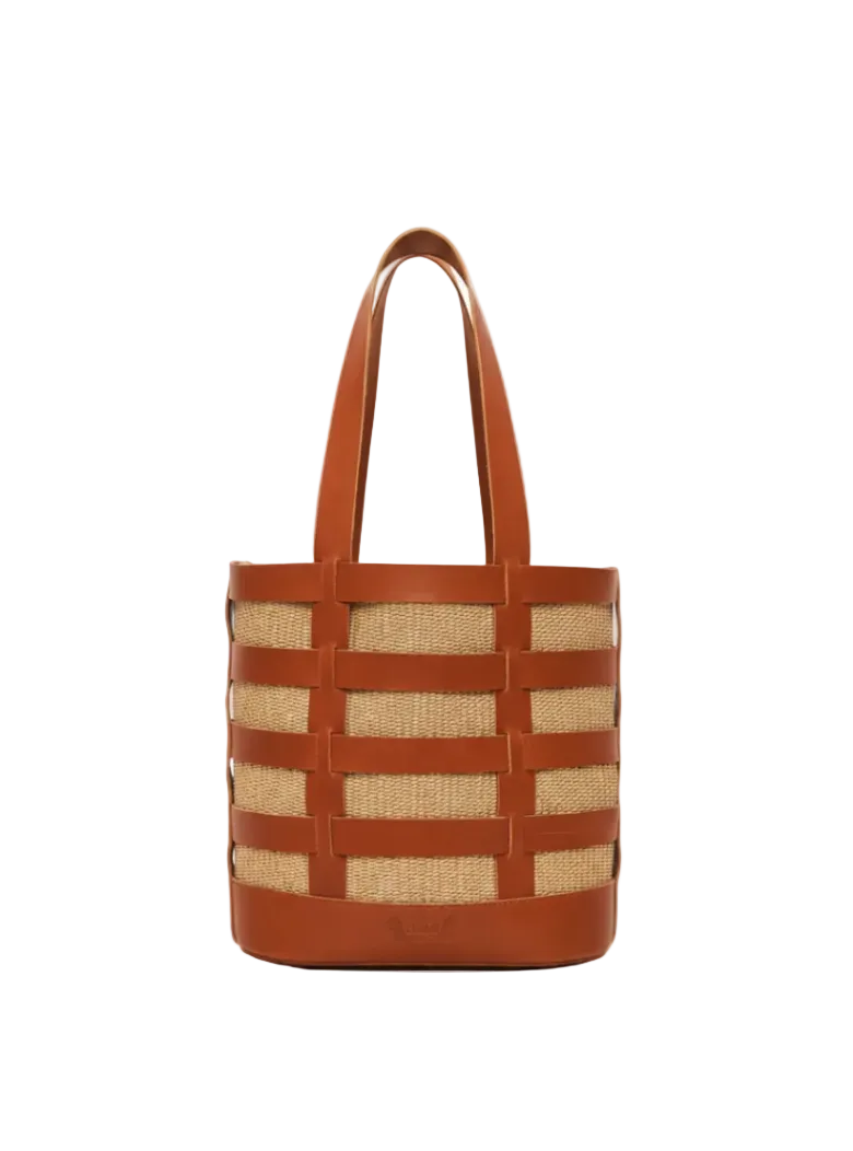 Nissos bag in tobacco leather and detachabe straw pouch. THEHOLYBAG