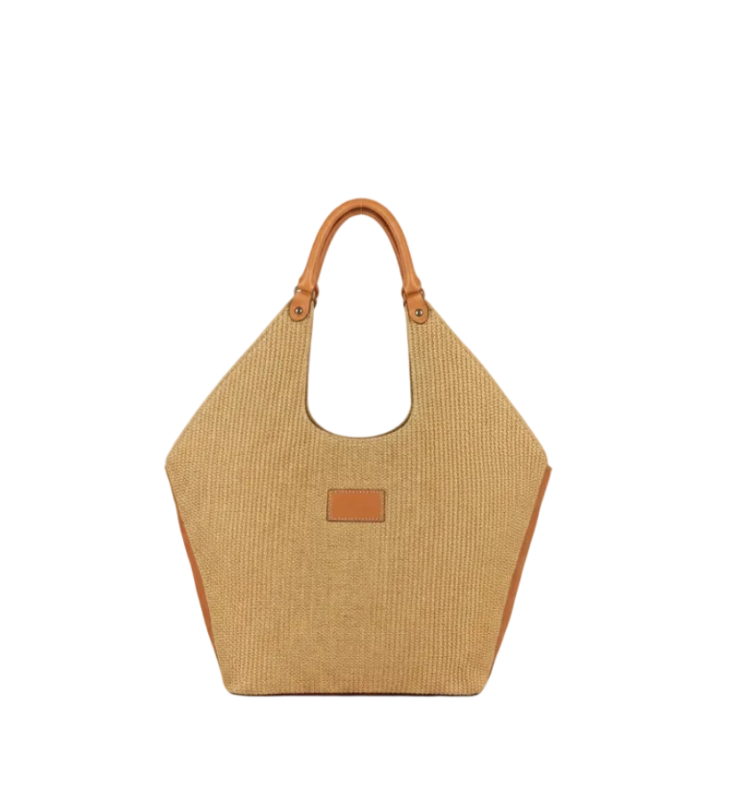 Structured shoulder bag in natural beige color straw, with tan calf leather handles and trim. Inner pocket with zipper. 
Handmade in Greece.
The Holy Bag