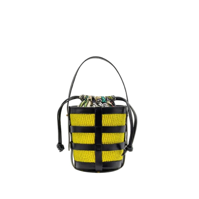 Structured bucket bag in lime straw and cotton printed drawstring pouch. the holy bag 
Γυναικεία τσάντα από κιτρινη ψάθα και μαύρο δέρμα, top handle. the holy bag
