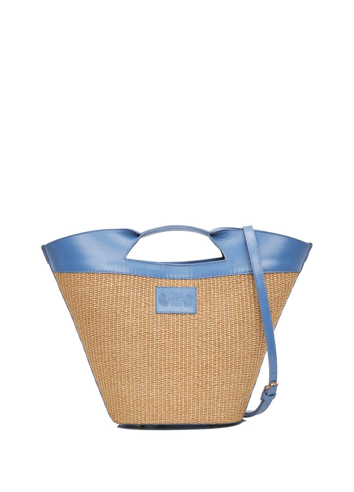 theholybag Ostria shopper τσάντα από ψάθα αι δέρμα σε γαλάζιο χρώμα, με αποσπώμενο λουράκι ώμου και εσωτερικές τσέπες. Χειροποίητη στην Ελλάδα.
