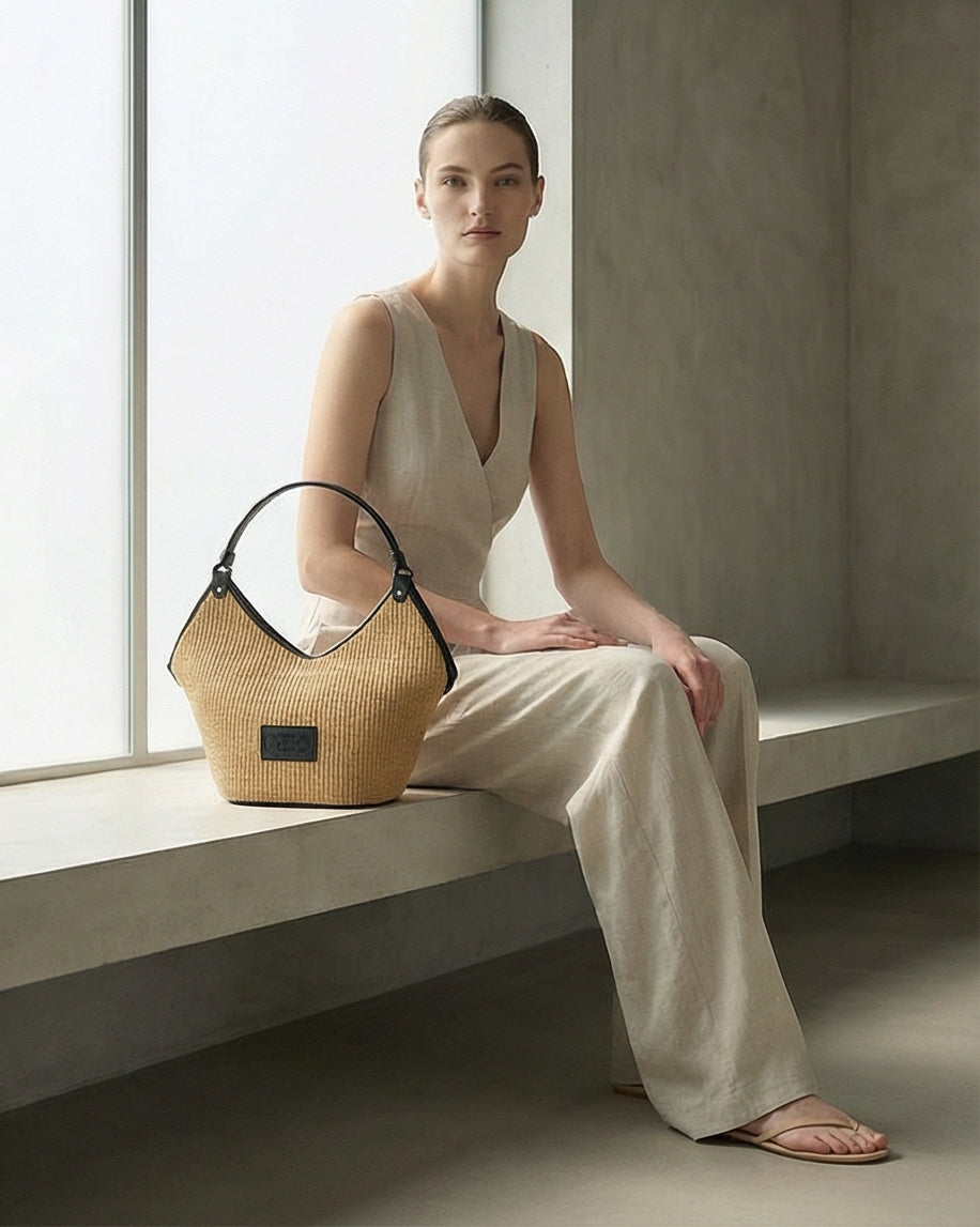 Straw and leather slouchy handbag. Inner pocket, one shoulder strap. Magnetic closure. The Holy Bag
Μαλακή τσάντα ώμου, από ψάθα και δέρμα, με εσωτερική τσέπη και μεταλλικά στοιχεία. Κλείνει με εσωτερικό μαγνήτη The Holy Bag 