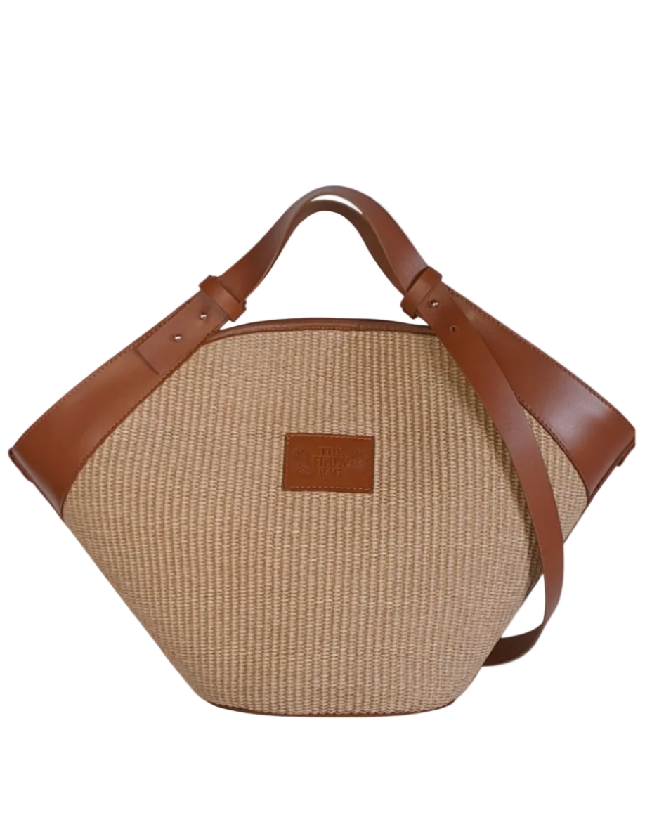 Shopper bag in straw and tabac leather, adjustable strap, Pasiphae - The Holy Bag