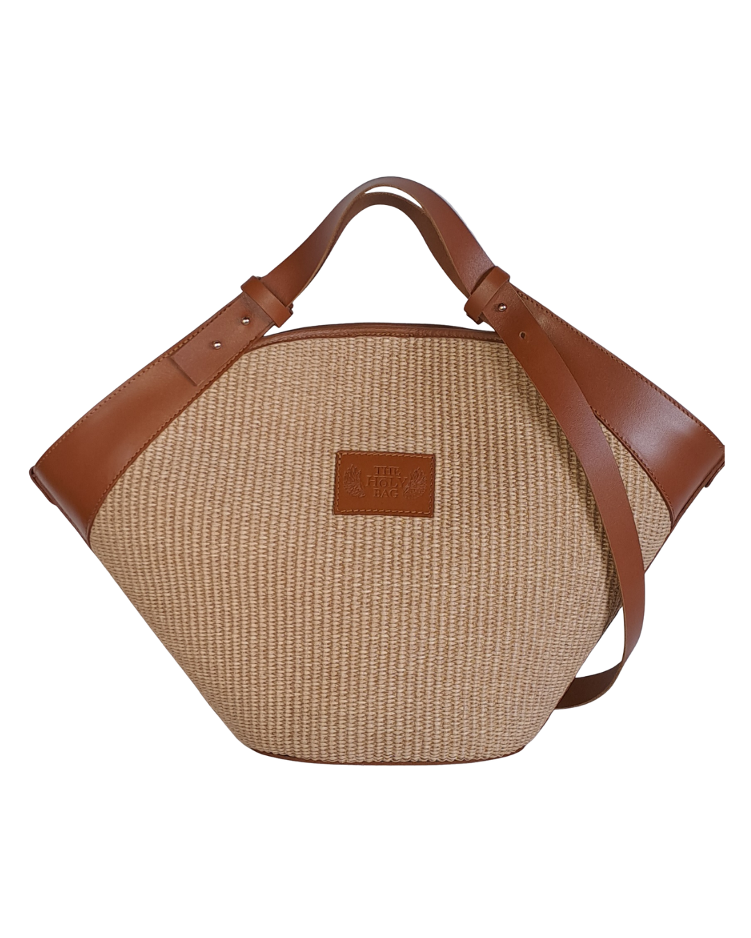 Shopper bag in straw and tabac leather, adjustable strap, Pasiphae - The Holy Bag