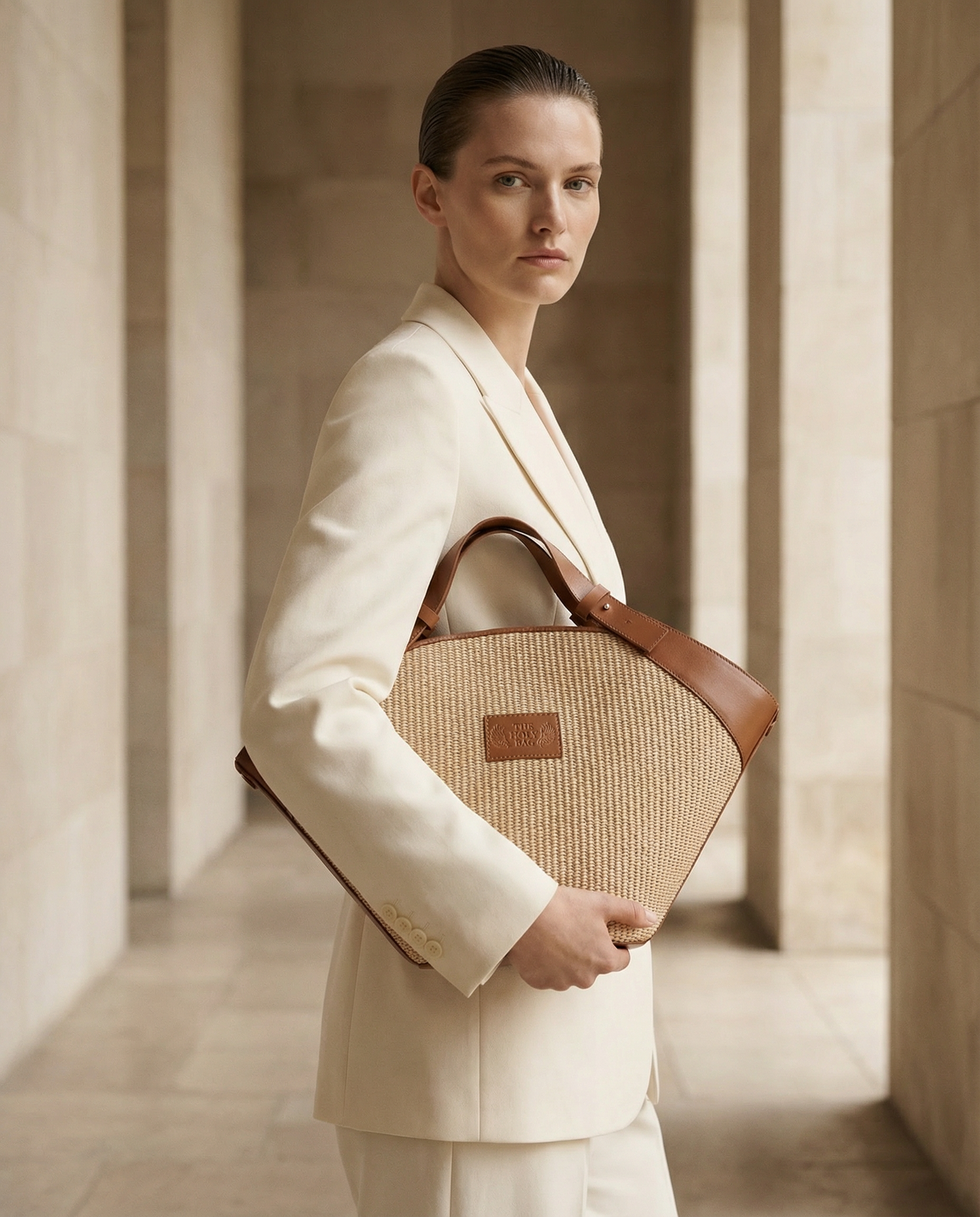 Shopper bag in straw and tobacco vachetta leather, in adjustable handle / shoulder strap. Inner pocket, magnetic closure. The Holy Bag.
Τσάντα shopper από ψάθα και ταμπά δέρμα βακέτα, με πτυσσόμενο λουράκι.  Με εσωτερική τσέπη. Κλείνει με μαγνήτη. The Holy Bag.