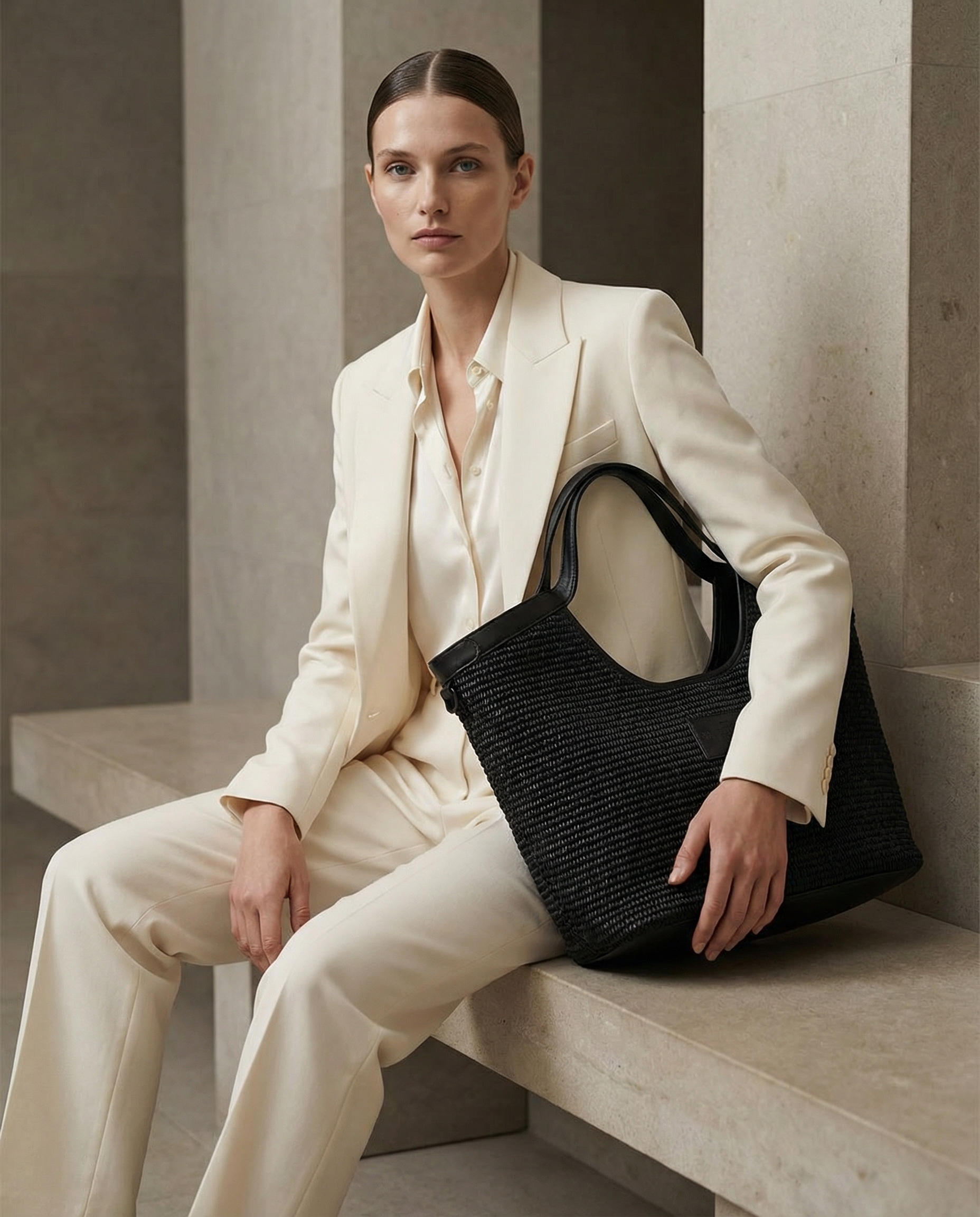 Shoulder bag with leather handles and inner pockets. Magnetic closure. The Holy Bag
Τσάντα ώμου από μαύρη ψάθα και δέρμα με εσωτερικές τσέπες.  