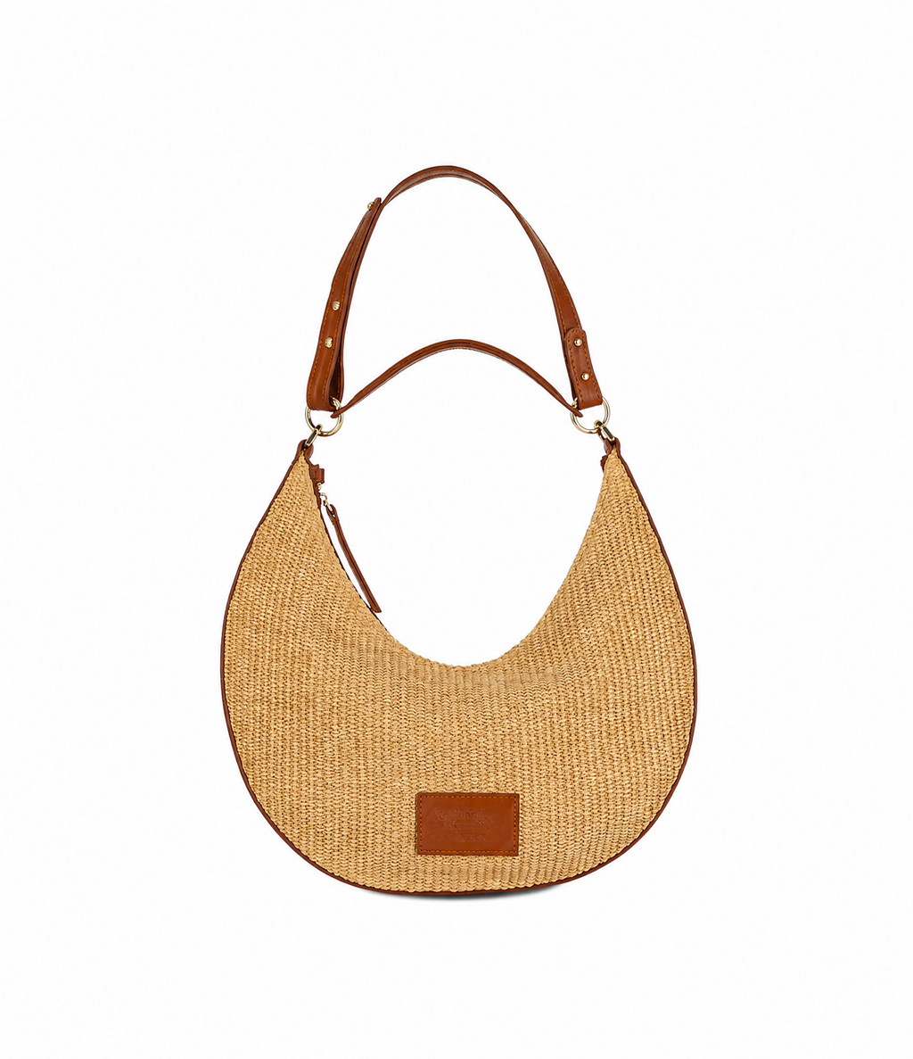 RITA shoulder bag in tabac leather and straw, with adjustable shoulder strap and detachable handle.