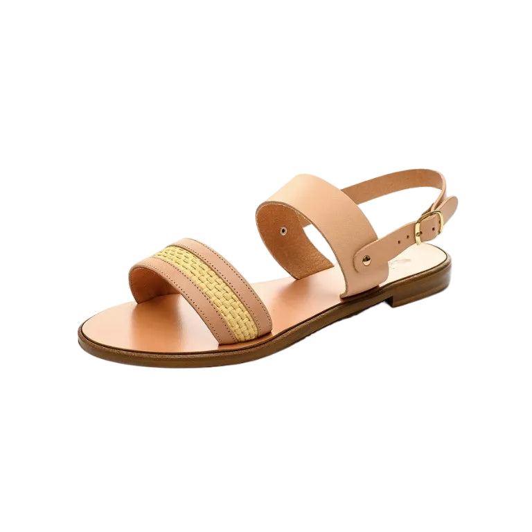 TheHolySandals Γυναικεία σανδάλια από δέρμα σε φυσικό χρώμα και ψάθα. Με διπλή φάσα και λεπτό λουράκι που κουμπώνει στον αστράγαλο.
