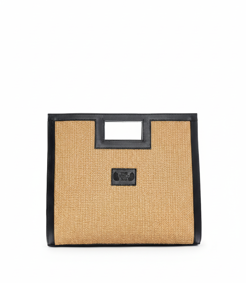 Square tote bag in natural straw and black leather with detachable shoulder strap, Draco. The Holy Bag