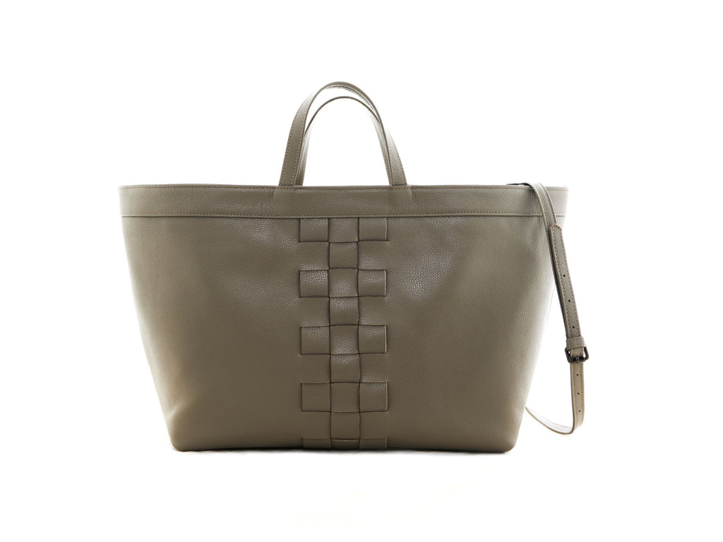 The Holy Bag - Urania leather shopper bag in knitted detail in the front, handles and a shoulder strap. Coated in pork leather and a leather pocket with zipper.