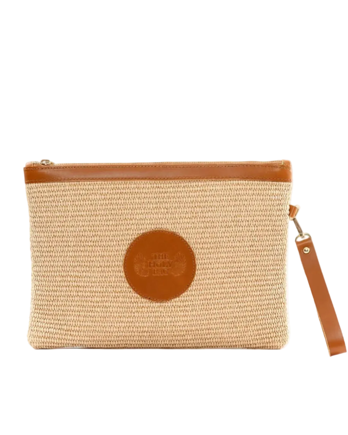 TheHolyBag Τσαντάκι από ψάθα σε φυσικό χρώμα και δερμάτινες λεπτομέρειες σε ταμπά, με αποσπώμενο λουράκι χειρός. Σε 5 χρώματα.