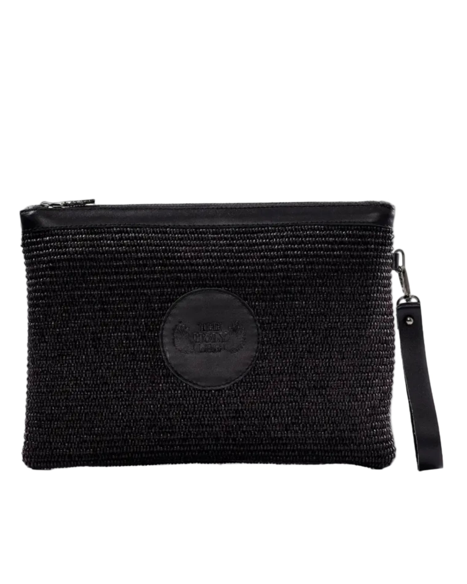 Clutch bag in black straw and black leather, with a zipper and a side wrist handle. 
TheHolyBag 
Τσαντάκι από ψάθα και μαύρο δέρμα, με αποσπώμενο λουράκι για το χέρι. Κρατιέται μόνο του ή σαν pouch μέσα σε τσάντα.Με βαμβακερή επένδυση. Σε 5 χρώματα.  The Holy Bag 