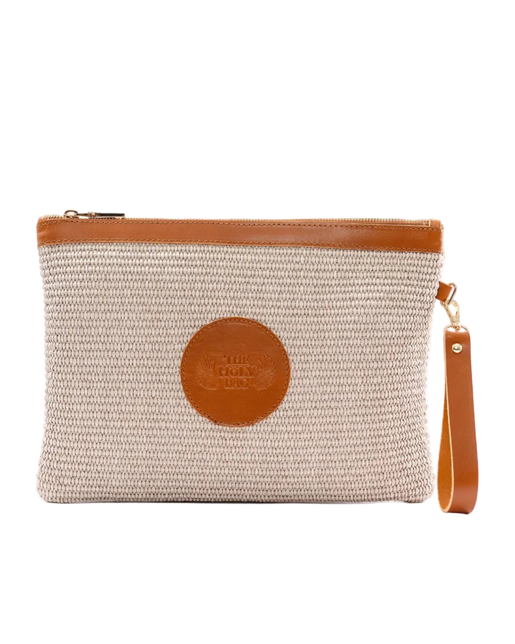 Clutch bag in gray color straw and tobacco leather, with a zipper and a side wrist handle. 
TheHolyBag 
Τσαντάκι από ψάθα και λεπτομέρειες από ταμπά δέρμα, με αποσπώμενο λουράκι για το χέρι. Κρατιέται μόνο του ή σαν pouch μέσα σε τσάντα.Με βαμβακερή επένδυση. Σε 5 χρώματα.  The Holy Bag 