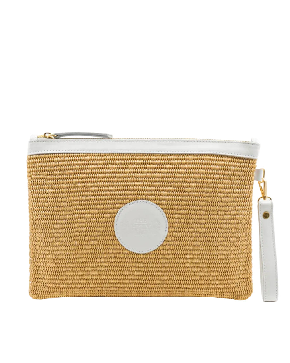 Clutch bag in natural color straw and white leather, with a zipper and a side wrist handle. 
TheHolyBag 
Τσαντάκι από ψάθα και λεπτομέρειες από λευκό δέρμα, με αποσπώμενο λουράκι για το χέρι. Κρατιέται μόνο του ή σαν pouch μέσα σε τσάντα.Με βαμβακερή επένδυση. Σε 5 χρώματα.  The Holy Bag 