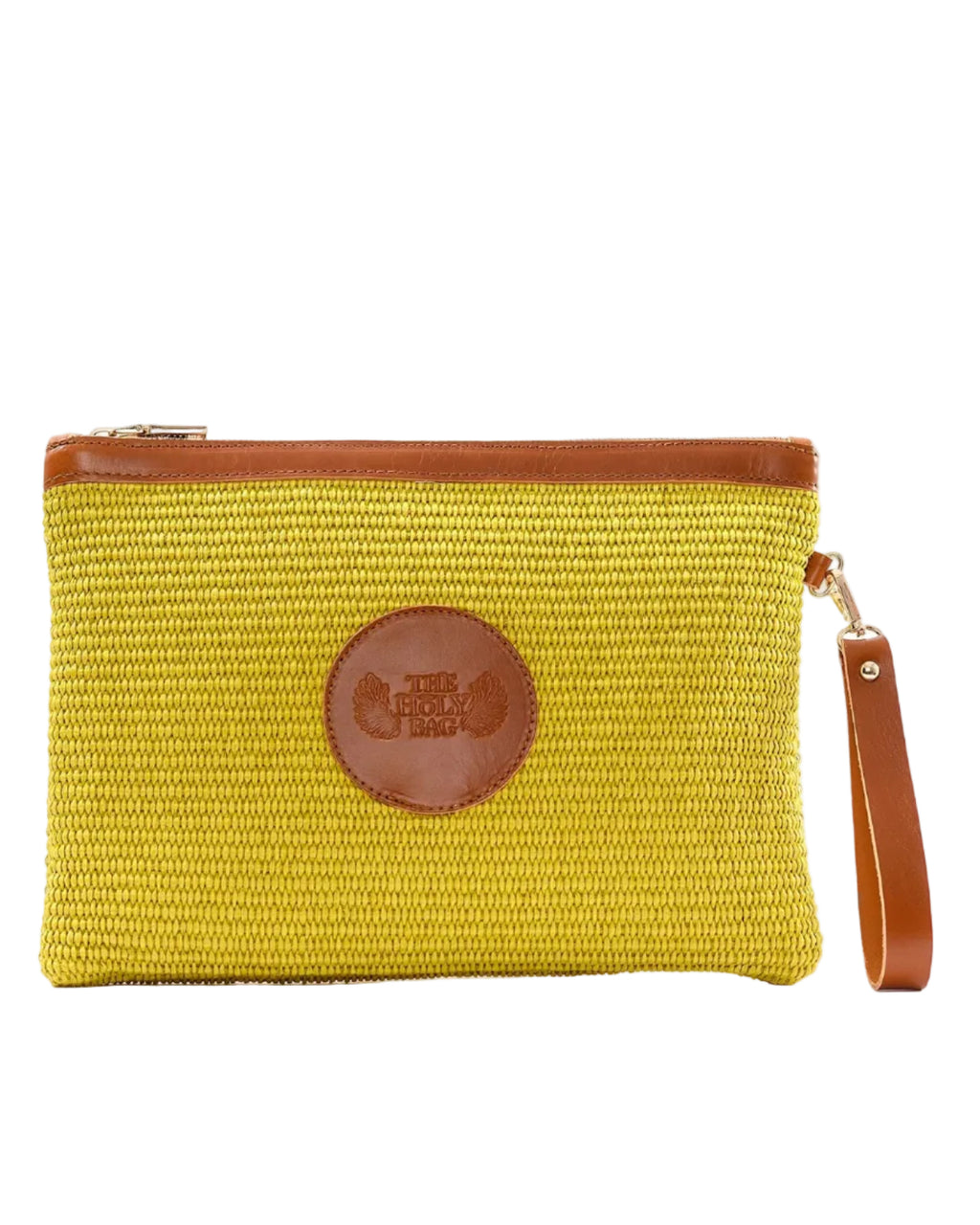 Clutch bag in lime color straw and tobacco leather, with a zipper and a side wrist handle. 
TheHolyBag 
Τσαντάκι από ψάθα και λεπτομέρειες από ταμπά δέρμα, με αποσπώμενο λουράκι για το χέρι. Κρατιέται μόνο του ή σαν pouch μέσα σε τσάντα.Με βαμβακερή επένδυση. Σε 5 χρώματα.  The Holy Bag 