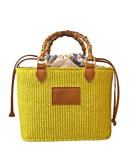 TheHolyBag Τσάντα basket από lime ψάθα και ταμπά  δέρμα με χερούλια από αληθινό μπαμπού και βαμβακερό ριγέ πουγκί που σουρώνει επάνω με δερμάτινα κορδόνια.