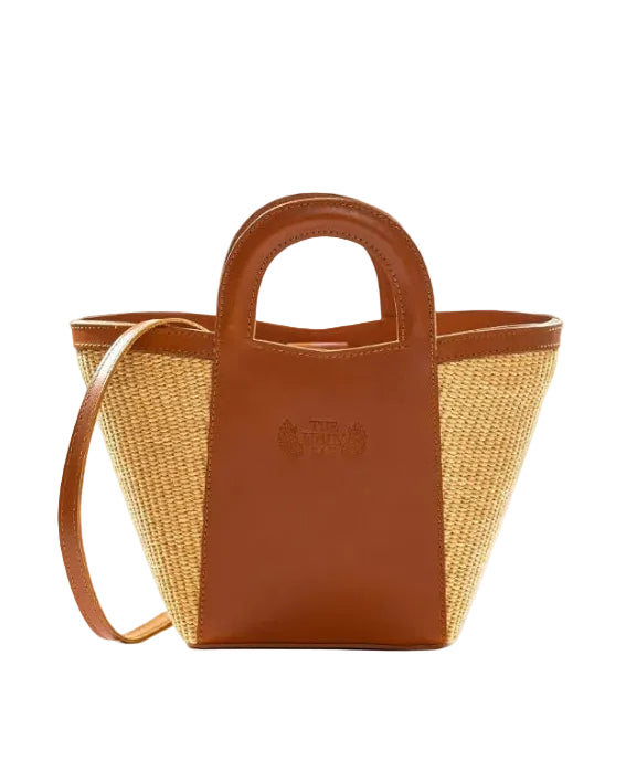 TheHolyBag Γυναικεία τσάντα από ψάθα στο χρώμα της άμμου και ταμπά δέρμα, με αποσπώμενο λουράκι ώμου. Με εσωτερική τσέπη.