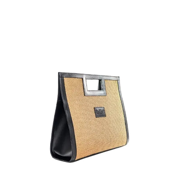 Tote bag in natural straw, trimmed with black leather, Draco - The Holy Bag