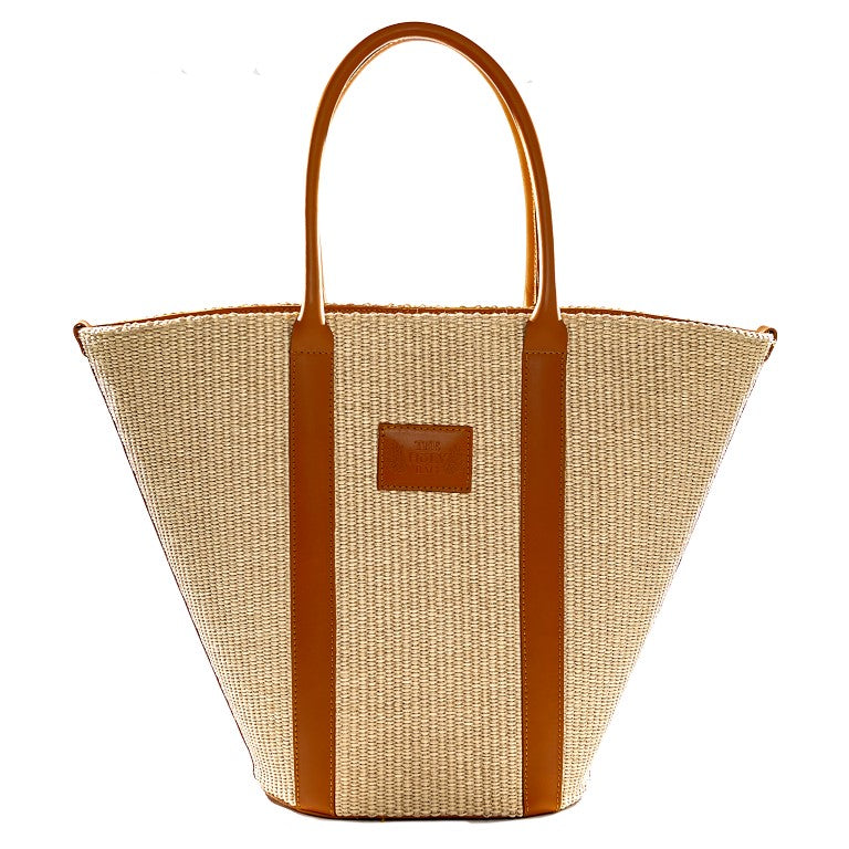 TheHolyBag Γυναικεία τσάντα ώμου από ψάθα σε φυσικό χρώμα, με δερμάτινες λεπτομέρειες σε ταμπά.