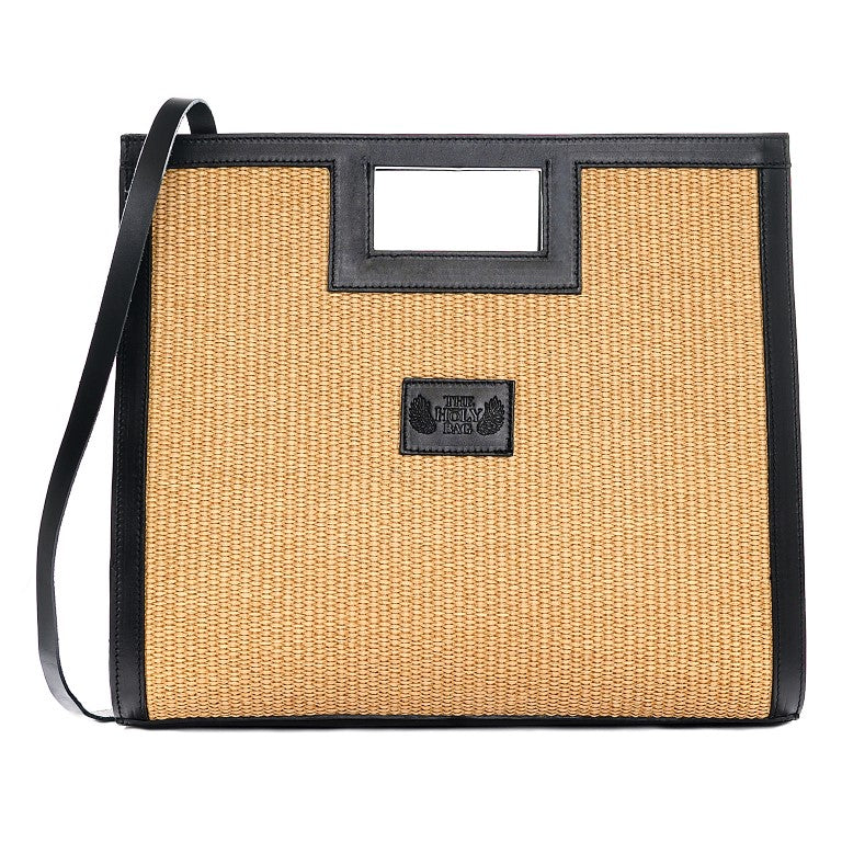 Tote bag in natural straw and trimmed with black leather, Draco The Holy Bag